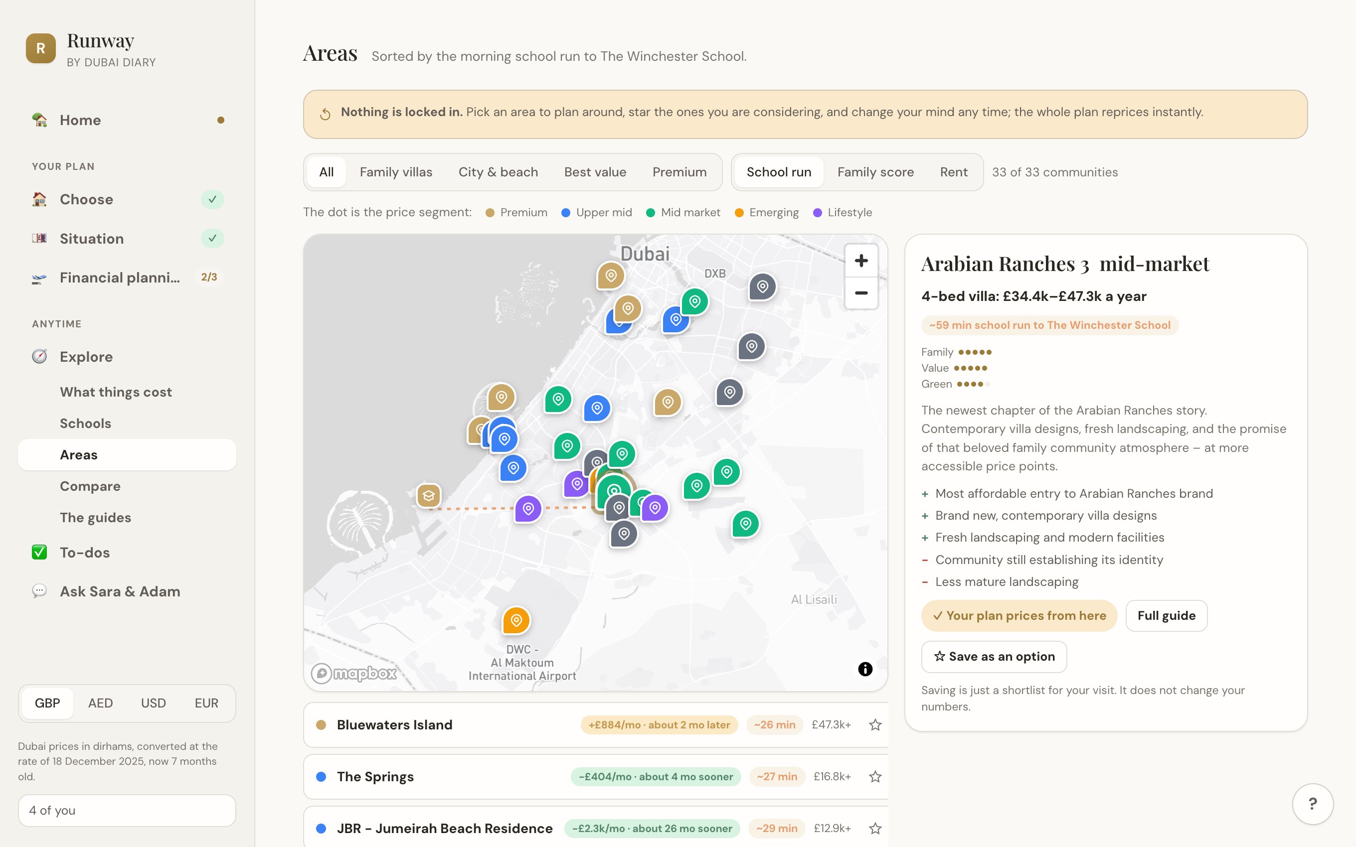 Areas · the live map, sorted by your school run